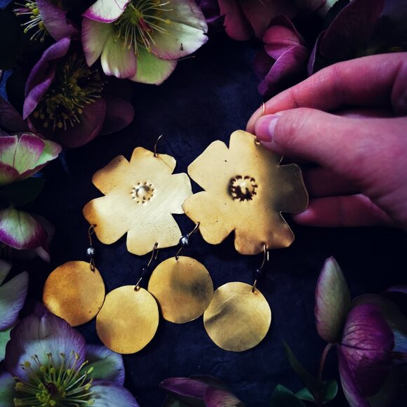 Artisanal Handmade  ~  Brass Floral Inanna Earrings - Picture 3 of 4